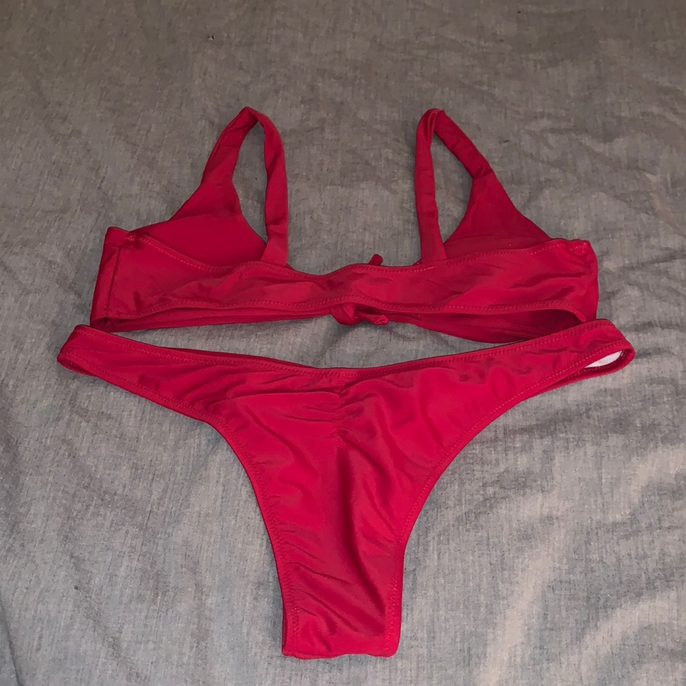 Red front tie bikini top and cheeky bottoms